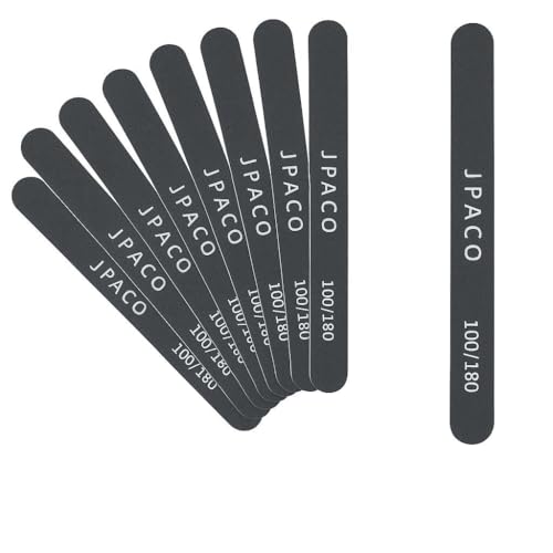 12-Pack Professional Nail Files: Double-Sided Emery Boards for Natural, Acrylic, Poly, and Gel Nails – Washable Black Manicure Tools Set by JPACO (100/180 Grit)