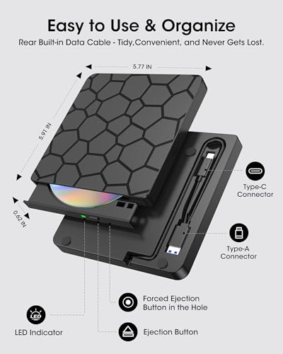 Image of ROOFULL External CD DVD Drive for Laptop, USB 3.0 & USB-C Portable CD /DVD-RW Disc Drive Reader Burner Writer Player for Windows 11 /10 /8 /7 Laptop Mac MacBook Linux PC, RF868