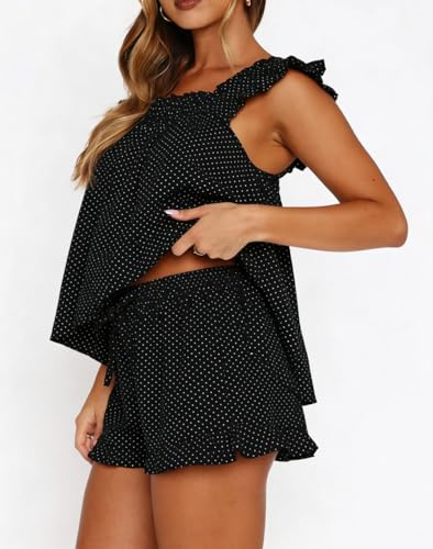 Image of ROAONOCOMO Women Floral Pajama Set Ruffle Babydoll Cami Top Coquette Pj Set Gingham 2 Piece Shorts Outfit Bridal Loungewear