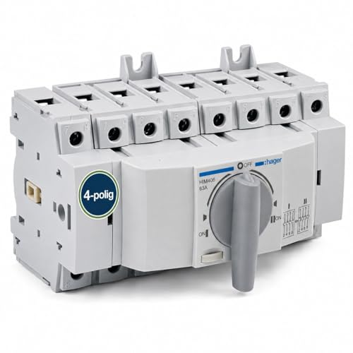 Hager HIM406 Lastumschalter 63A 4-polig 3P+N für Hutschiene 35mm Umschalter mit Sicherheitstrennung I-0-II Lasttrennschalter 400V AC 41kW nach DIN EN 60947-3 8TE Modulgerät
