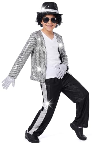 Image of Boys Pop Star Costume, Silver Retro Dance Outfit for Halloween