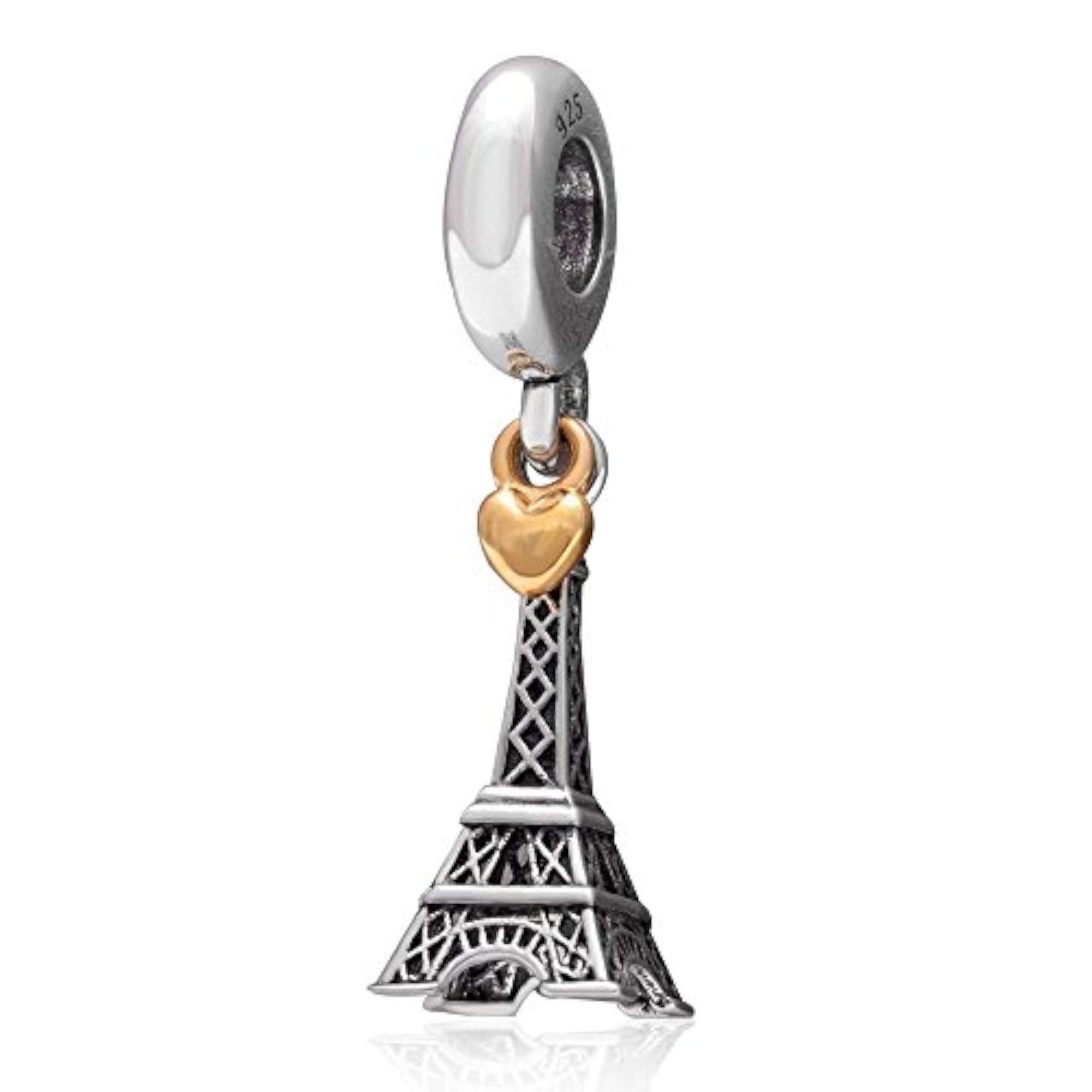 925 Sterling Silver Eiffel Tower with Golden Heart Dangle Beads