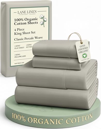 Image of LANE LINEN 100% Organic Cotton King Sheet Set, 4Pc Cotton Sheets King Size, Soft & Comfy Percale Eco Friendly Sustainably Produced Bedding Sheets & Pillowcases, 15 inch Deep Pocket King Sheet Set - Silver
