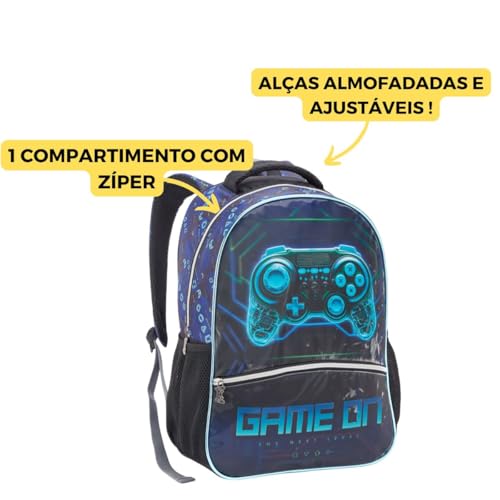 Mochila Costas Game On Azul Escolar Meninos Jogos
