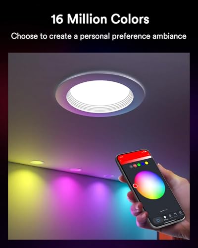 Lumary 4 Pack Smart LED Recessed Lighting 5/6 Inch, Retrofit LED Can Lights RGB Color Changing WiFi Recessed Lights, 13W 1000LM Metal Baffle Trim