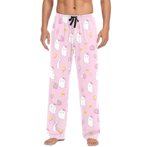 White Spirits with Pumpkins Men's Cotton Pajama Pants with Pockets and Drawstring Comfortable and Stylish,S2