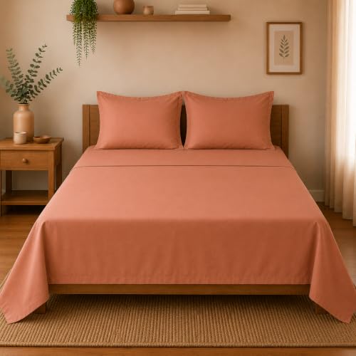 Image of Linen Home Cotton Percale Flat Bedsheet Set King Size Tera Clay