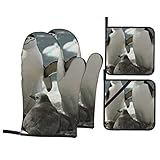 Antarctica Penguin Parents and Chicks - Juego de guantes de horno y soportes para ollas, aislamiento térmico duradero, impermeable, guantes de cocina para hornear, cocinar y barbacoa, paquete de 4