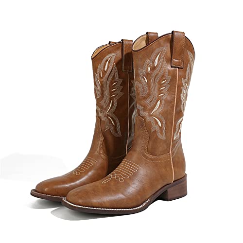 MissHeel Square Toe Cowgirl Boots Embroidered Block Chunky Heel Brown