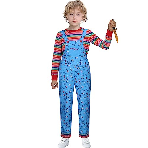Disfraz infantil Chucky azul con overol floral y camiseta a rayas