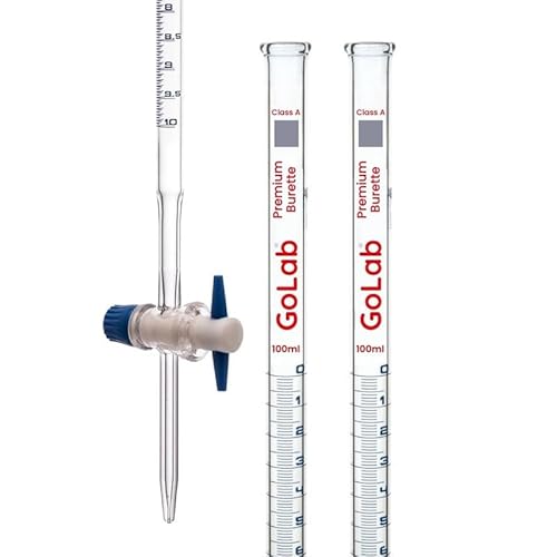 2pcs GoLab Laboratory Class A Burette with PTFE Key Stopcock - 100ml Capacity, 0.05ml Sub Divisions, ±0.03ml Tolerance, Red Graduations - Borosilicate Glass