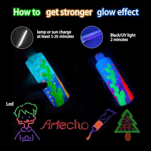 Artecho Acrylic Paint Set for Art Painting, Decorate, 6 Neon and Glow in the Dark Colors 2-in-1 2 Ounce/59ml Acrylic Paint Supplies for Wood, Fabric, Crafts, Canvas, Leather&Stone