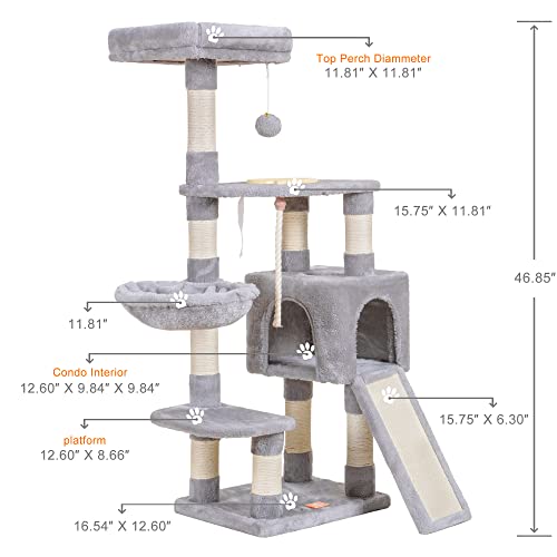 Image of Heybly Cat Tree, Cat Tower for Indoor Cats with Scratching Board, Multi-Level Cat Furniture Condo with Feeding Bowl Light Gray HCT010SW