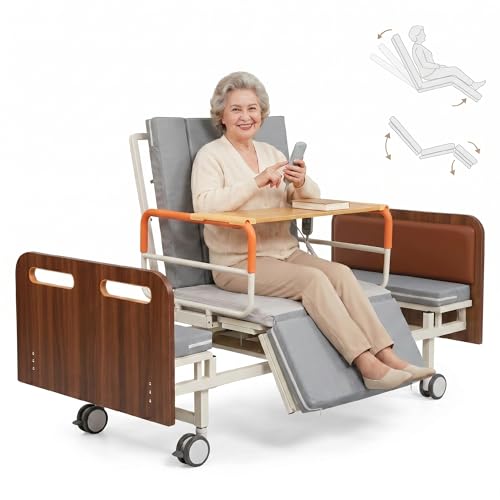UdaCa Homecare Rotating Nursing Bed, Wooden Rotates Hospital Medical Bed, Fully Electric 90° Turning Chair Beds with Mattress, Adjustable Backrest Leg Height for Seniors & Disabled,Rotated Left