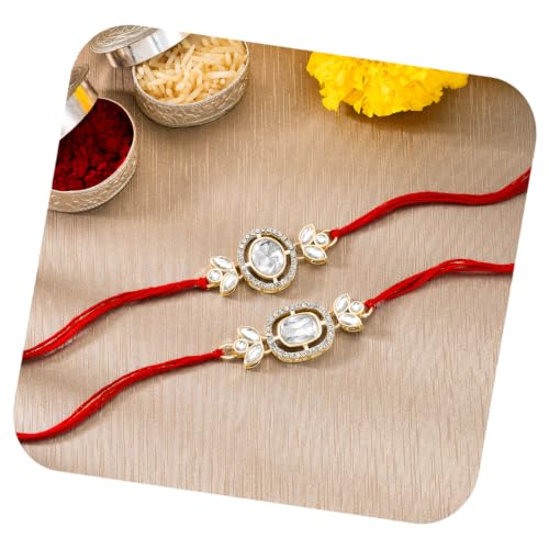 Image of Peora Rakhshabandhan Thread Rakhi for Brother Bhaiya | Kundan Beads & Crystal Studded | Combo Set of 2 | Rakhi Hamper Roli Chawal & Greeting Card