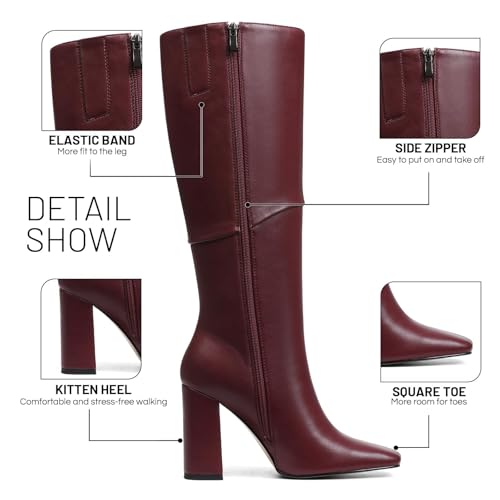 VOMIRA Knee High Boots Women Square Toe Chunky Heel Black Boot3