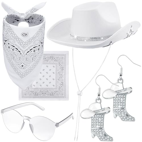 Image of Hercicy 4 Pcs Cowgirl Costume Set Cowboy Hat Sunglasses Bandana Earring Halloween Costume Accessories for Women Cosplay Party