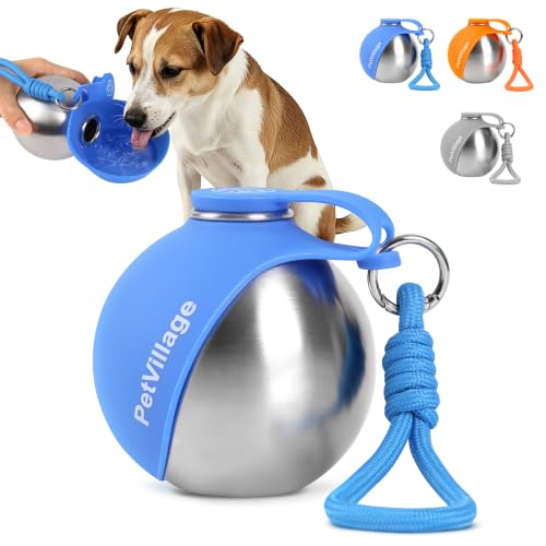 Image of 2-in-1 Dog Water Bottle with Foldable Bowl, Portable Leak-Proof Pet Travel Water Dispenser, Stainless Steel Dog Hydration Bottle for Walking, Hiking, Small Dogs & Puppies, Blue 10oz