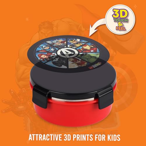 Image of CELLO Kidzbee Pluto Mighty Heroes Insulated Kids Lunch Box, Black | Silicone Food-Grade Seal Lid | 3D Touch & Feel Designs Tiffin | Leak Proof & Secure 4 Sided Click Locks | Ideal for School & Picnic
