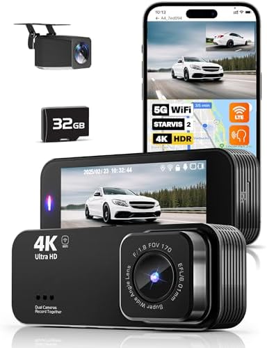 4K Dual Dash Cam Front and Rear, Dash Camera for Cars with 32GB Card, Built-in 5G WiFi, 3.16” IPS Screen, Night Vision, 170°Wide Angle, WDR, 24H Parking Mode