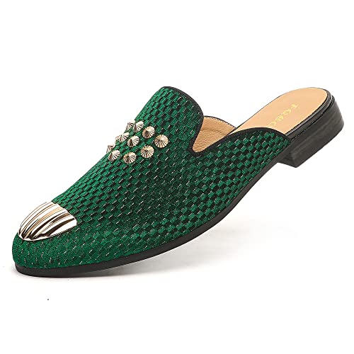 Men's Velvet Slip-On Mule Loafer With Fashion Buckle Toe, Mushroom Shape Metal Spikes, Stylish Formal Wear Backless Dress Slippers, Casual Breathable Openback Sandals Slides For Men (Green) #TOP15