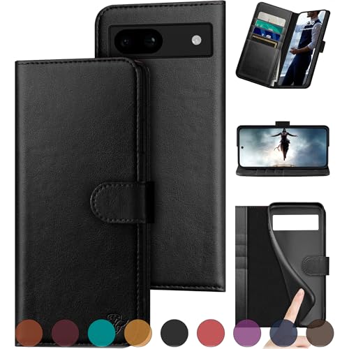 DuckSky for Google Pixel 8A Genuine Leather Wallet case 【RFID Blocking】【4 Credit Card Holder】【Real Leather】 Flip Folio Book Phone case Protective Cover Women Men for Pixel 8A case Black