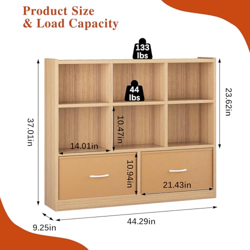 Cube Bookshelf Storage Organizer Bookcase,8 Cube Open Mid-Centur Shelf,Freestanding Display Bookshelve, Modern Wide Kids Toy Shelf with Drawers for Bedroom Living Room Office (Natural) - Image 4