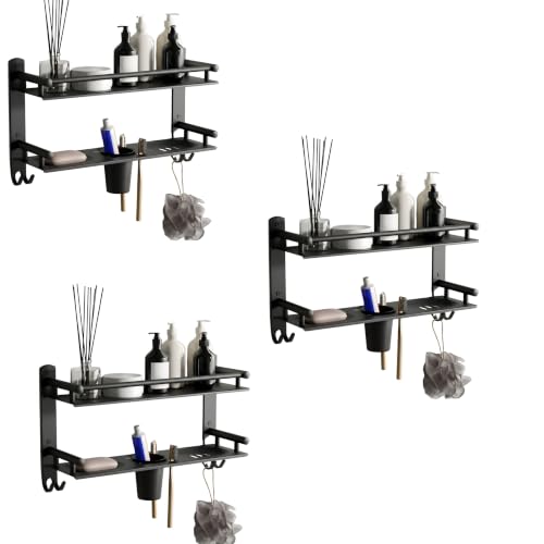 Image of GLOXY Premium Combo Pack of 3 Bathroom Shelf Rack - Black Matte Finish Wall Mount 4-in-1 Multipurpose Double Soap Stand with Toothpaste Holder and Hooks - Bathroom Fittings Accessories Set