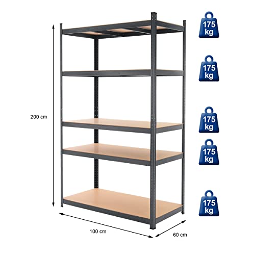 ECD Germany Set 2x Estantería de Taller para Cargas Pesadas 200 x 100 x 60 cm Antracita Encajable de Metal con 5 Estantes de Madera MDF Carga hasta 875 Kg Armario de Almacenaje Mueble para Garaje - imagen 2