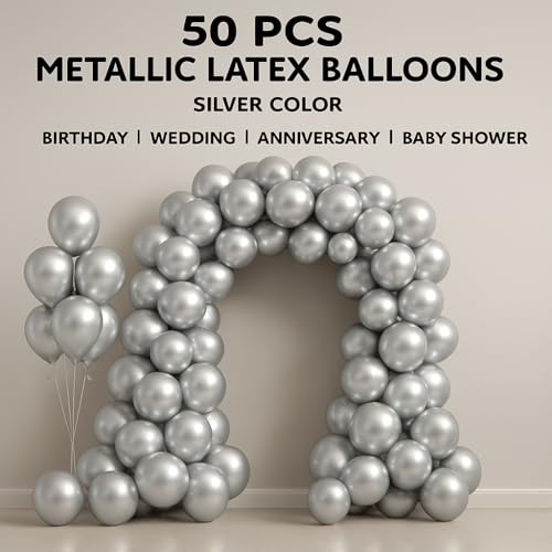 Image of DL Chrome Balloons - 25 Pcs (9 Inch) Silver | Shiny Finish Latex Balloons for Birthday, Wedding, Anniversary, Baby Shower, Party Decoration | Durable Quality, Helium & Air Supported