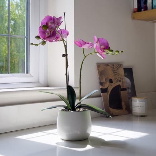 Orchidée artificielle violette double tige pot céramique blanche - 7