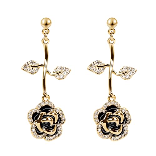 Black Rose Flower Dangle Earrings for Women, Copper plated in Gold with Sparkling Cubic Zirconia,S925 Sterling Silver post, lightweight fashionably Versatile drop earrings