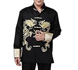 Expédié de Chine XueXian(TM) Rétro Veste de Tang Blouse Chemise avec Manche Longue Bordés Dragon Kung-fu Style Chinois (FR XXL/Chinois XXXL, Noir)