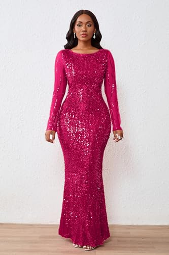 Image of VERWIN Women's Sequins Bodycon Round Neck Long Sleeve Sparkly Mermaid Maxi Dress for Casual Party Cocktail