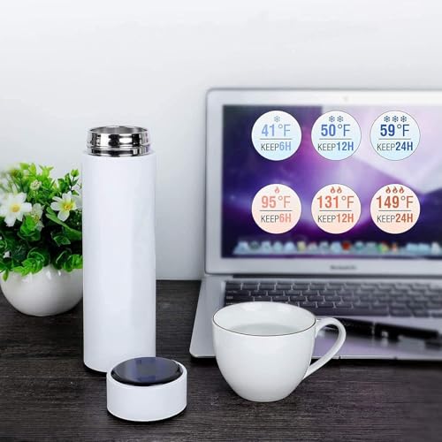 Image of Stainless Steel Smart Water Bottle with LED Temperature Display Double Wall Insulated Leak-Proof Flask Keeps Drinks Hot /Cold for 24 Hour (500ml) (White)