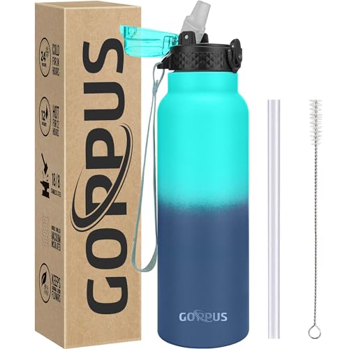 GOPPUS 750ml/26oz Stainless Water Bottle with Straw Double Wall Insulated Bottles with Strap Reusable Vacuum Thermal Flask Leakproof Keep Cold Drinks Bottles with Flip Top Lid for Men Women BPA Free