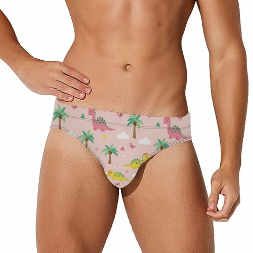 Breathable Mesh Swim Briefs for Men, Cute Cartoon Pink Dinosaur Sexy Low-Cut Swim Trunks with Drawstring, Ideal for Water Sports & Summer Vacation Swimming