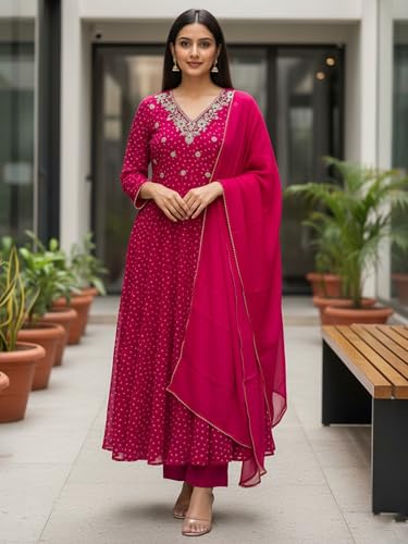 Image of INDO ERA Women's Georgette Floral Embroidered A-Line Kurta & Pant with Dupatta Set