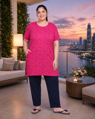 Image of In Love Women's All-Over Printed Cotton Plus Size Longline T-Shirt with Pockets