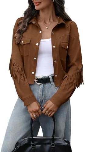 AMZANGEL Women's Fringe Faux Suede Jacket Crop Collar Drop Shoulder Long Sleeve Button Jackets Flap Pockets Oversized