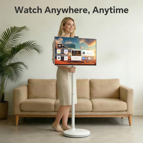 Image of 32 inch 2K Smart Portable TV on Wheels | Rolling TV, Anti-Glare Touchscreen Monitor, Rechargeable Battery, Full Swivel Rotation, 20W Speakers
