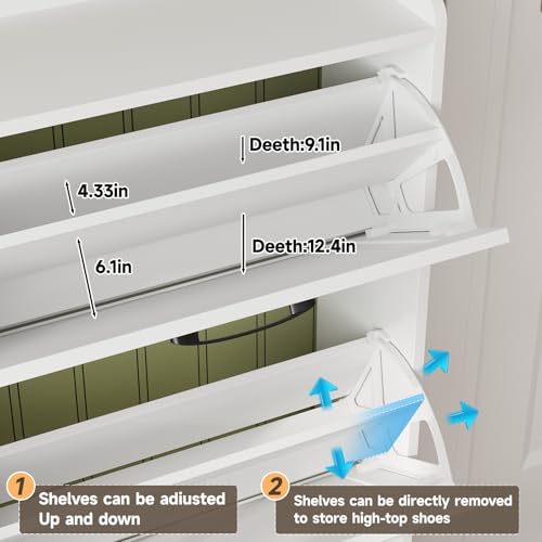 Image of Maupvit Large Shoe Storage Cabinet with 6 Flip Drawers, Freestanding Shoe Organizer with Metal Handles for Entryway, Narrow Shoe Rack Cabinet, White
