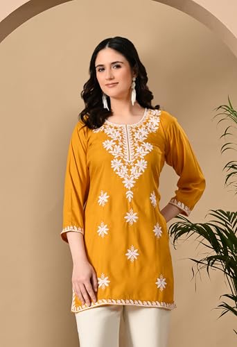 Image of LIBOZA Women's Chikankari Embroidered Short Kurti, Rayon Fabric, Three-Quarter Sleeves, Available in Pink, Black, Mustard Yellow, White, Pista and Green