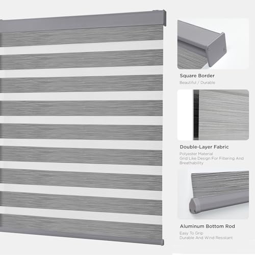 Joydeco Cordless Zebra Blinds for Windows, Dual Layer Light Control Window Blinds with Light-Proof Aluminum Cover, Free-Stop Roller Shades for Home & Office (Grey,18" W x 48" H)