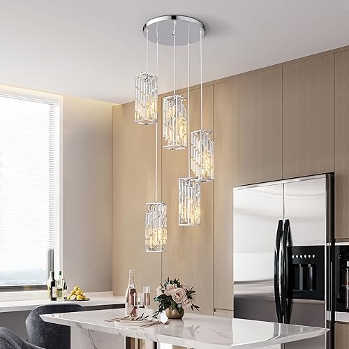 Image of Chrome Pendant Lighting Modern Pendant Light, Mini Crystal Chandeliers,Adjustable Pendant Light Fixture for Kitchen Island Dinning Room Bedroom (5 Light)