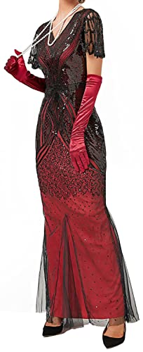 Image of Women Evening Maxi Long Dress 1920s Sequin Mermaid Hem Wedding Prom Gown Costume w / 20s Gatsby Accessories Set