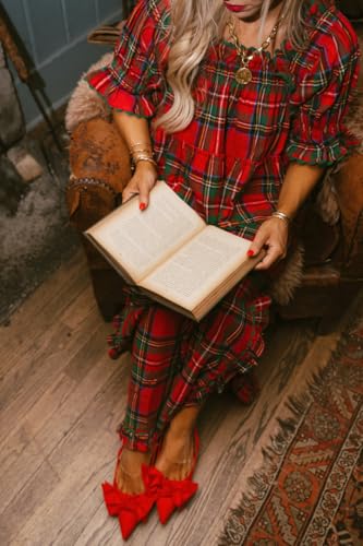 Image of Argeousgor Women Plaid 2 Piece Pajama Set Button Down Puff Sleeve Babydoll Shirt Gingham Pants Pj Lounge Set Sleepwear