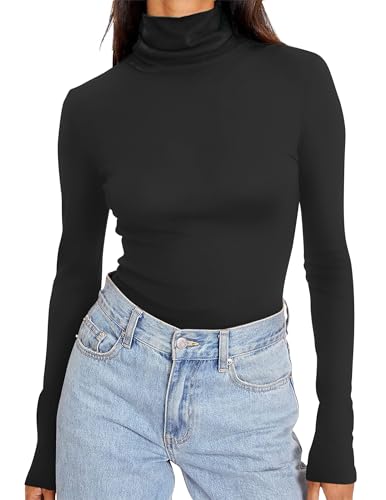 Ekouaer Women's Turtleneck Long Sleeve Shirts Slim Fit Thermal Underwear Tops Lightweight Pullover Tees Black L