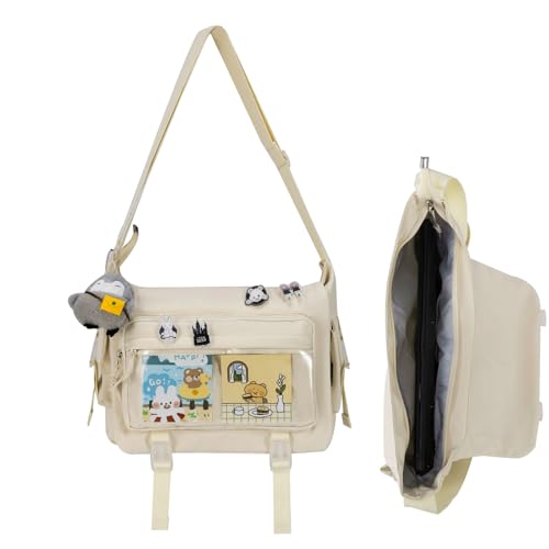 Kawaii Crossbody Ita Bag for Women with Pin and Plush Penguin Cute Messenger Bag Japanese Crossbody Bag Y2K Purse Beige
