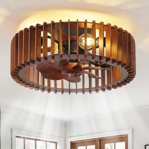 Image of 20'' Caged Low Profile Fandelier ceiling fan with light and Remote Walnut